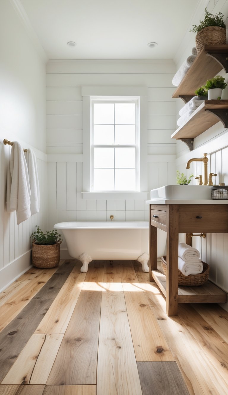 A bright farmhouse bathroom with mixed pine and oak hardwood floors, a wooden vanity, white walls, and natural light coming through a window.