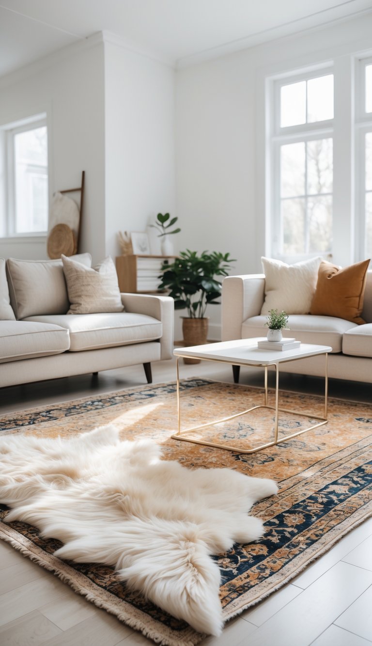 A bright living room with a layered rug setup, featuring a soft faux fur rug over a patterned wool rug, modern furniture, and natural light coming through large windows.