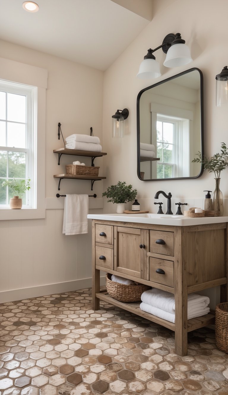 A bright farmhouse bathroom with hexagonal ceramic floor tiles, a wooden vanity with a sink, a large mirror, and shelves with towels and decor items.