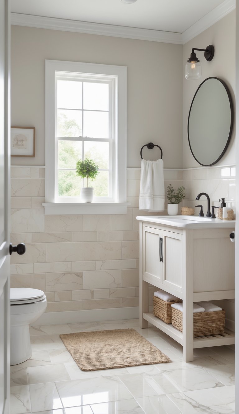 Bright farmhouse bathroom with marble-look floor tiles, a white vanity, round mirror, potted plant, and neatly arranged towels.