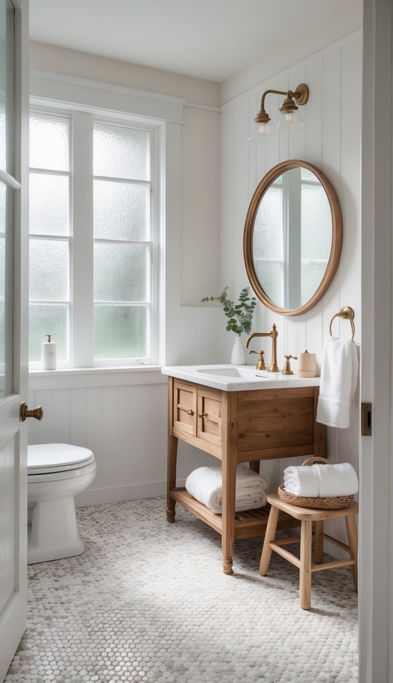 A bright farmhouse bathroom with penny round tile floors, a wooden vanity with a round mirror, a window letting in natural light, and simple decor including towels and a plant.