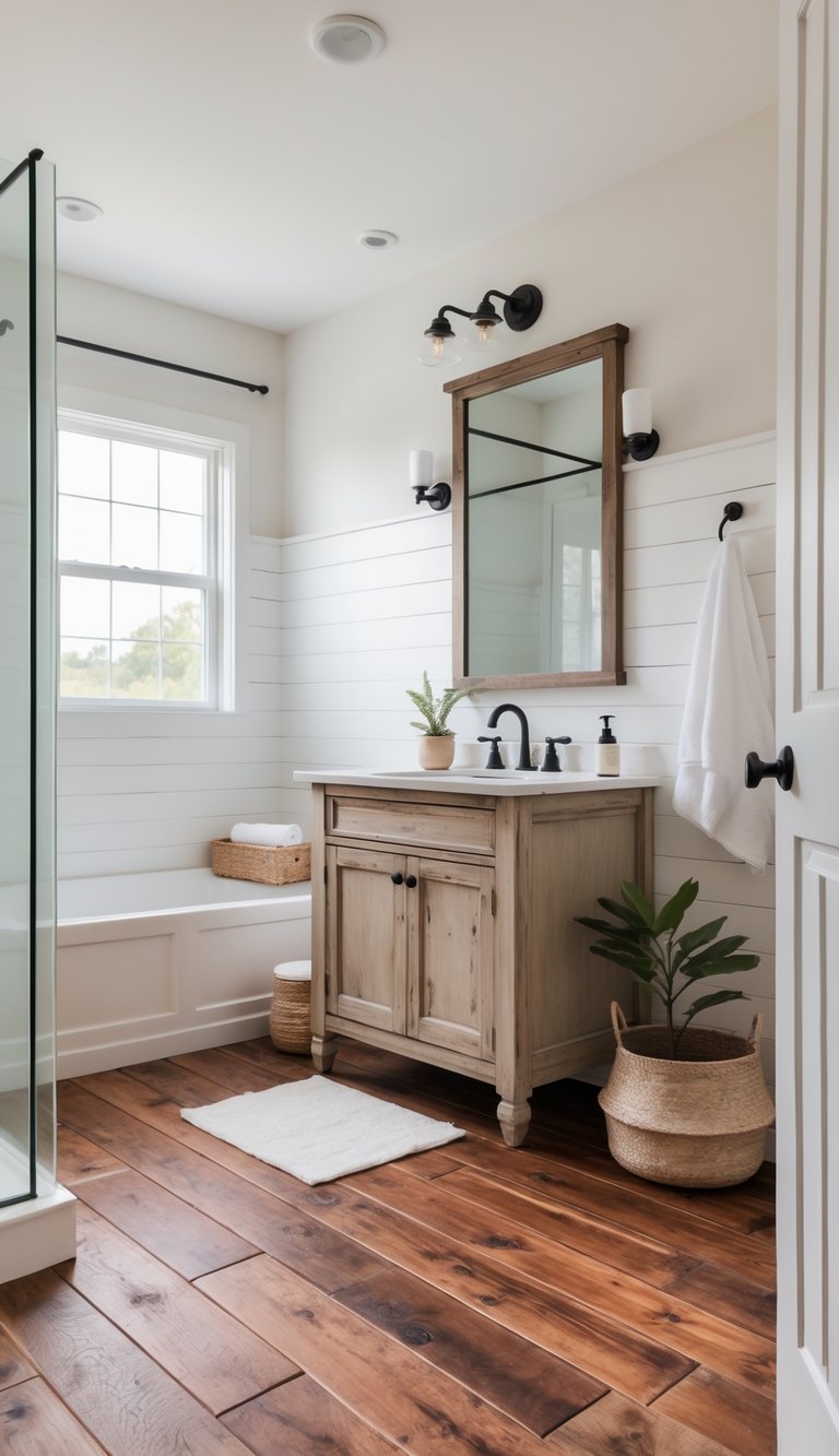 A bright farmhouse bathroom with distressed cherry wood flooring, a wooden vanity, white sink, and soft natural lighting.