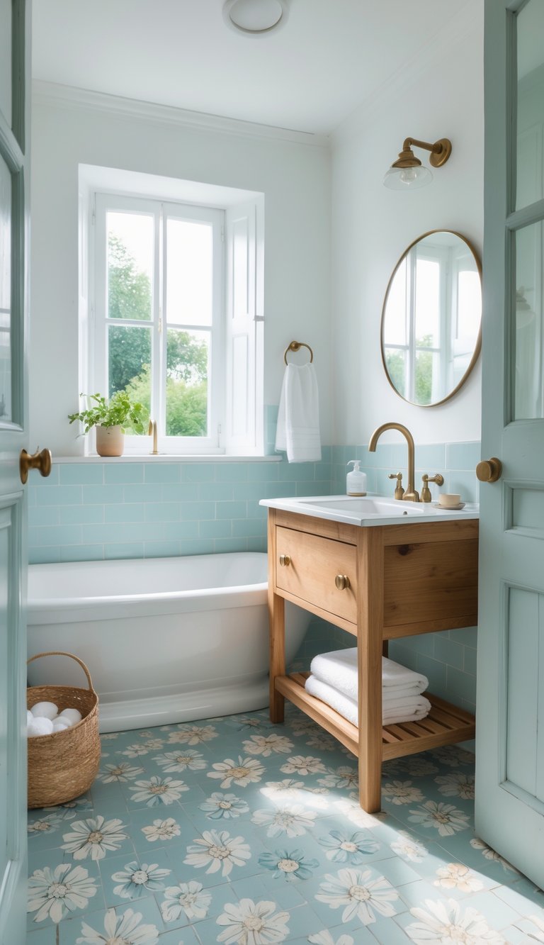 A bright farmhouse bathroom with vintage floral patterned floor tiles, a wooden vanity with a sink, a round mirror, and a small potted plant.