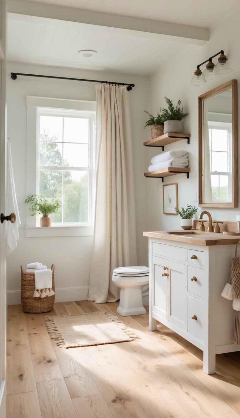 A bright farmhouse bathroom with brushed oak flooring, a white vanity, a mirror, open shelves with towels and plants, and sunlight filling the space.