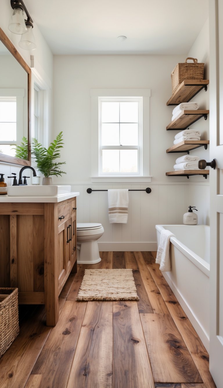 A farmhouse bathroom with wide plank walnut flooring, wooden vanity, farmhouse sink, open shelving, and natural light filling the space.