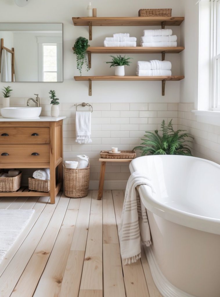 Bright farmhouse bathroom with wooden shelves, white towels, a freestanding tub, vanity with double sinks, basket storage, and potted plants. Sign reads “Farmhouse Bathroom White Cook.”.