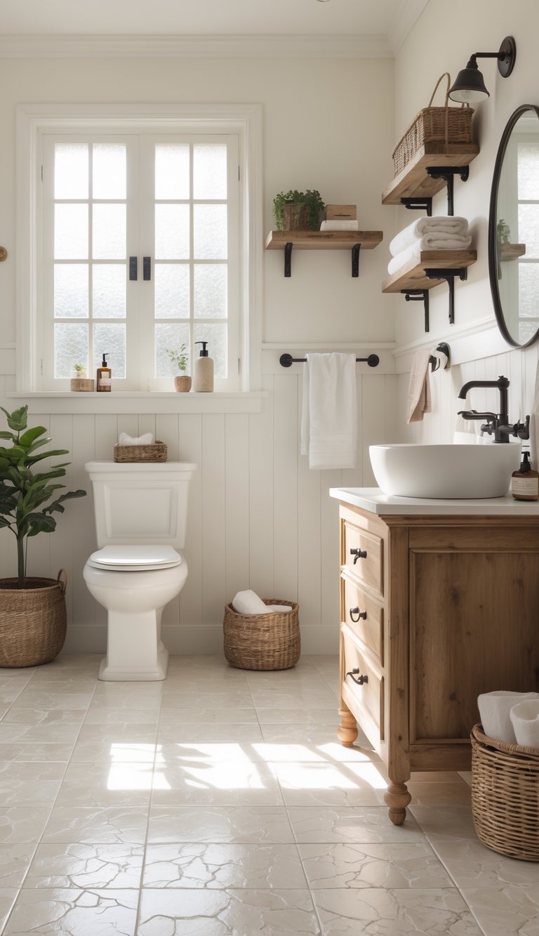A bright farmhouse bathroom with light ceramic floor tiles, a wooden vanity, and natural light coming through a window.