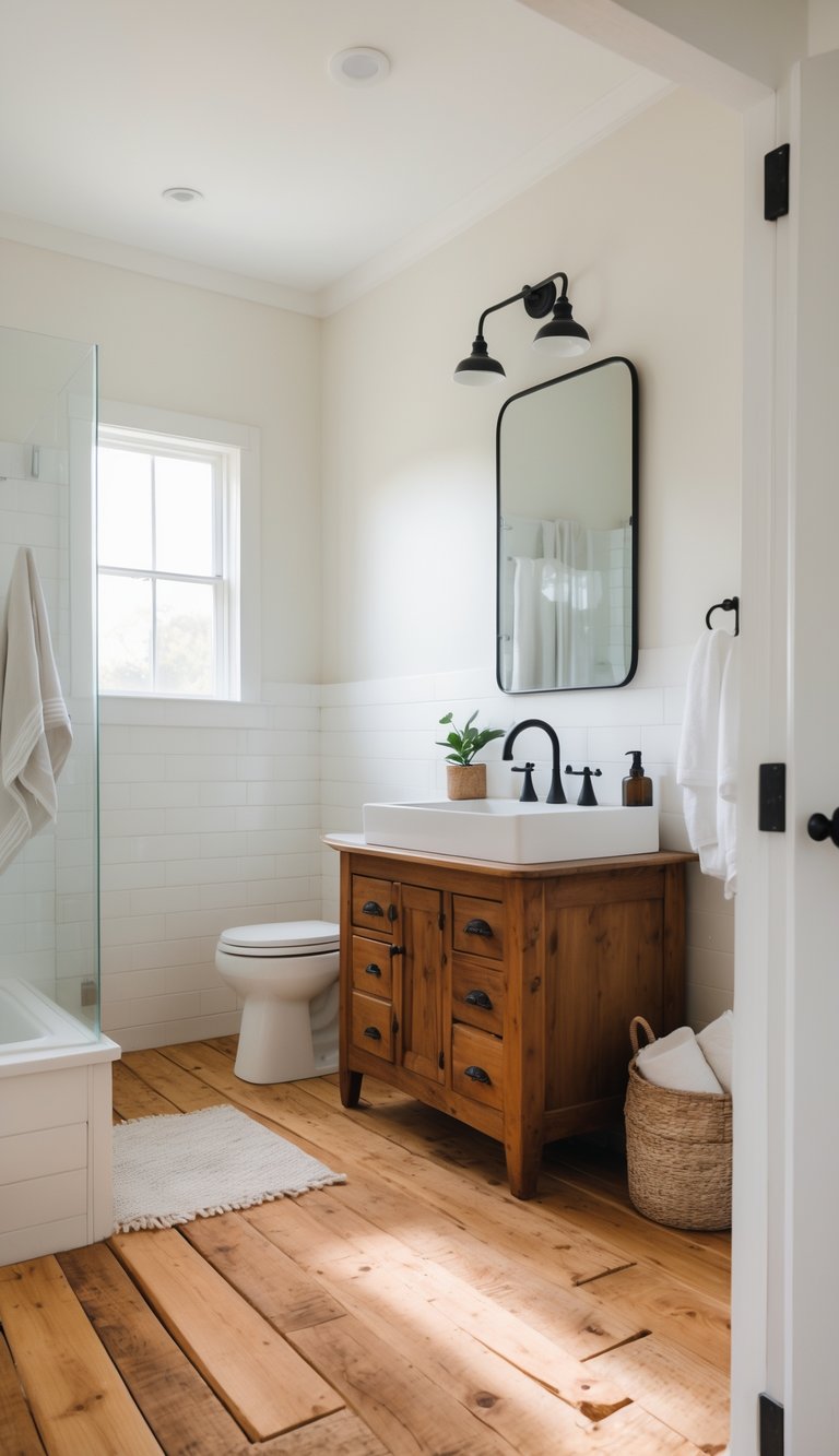 A bright farmhouse bathroom with cedar wood flooring, a wooden vanity, a large mirror, and neatly arranged towels and plants.