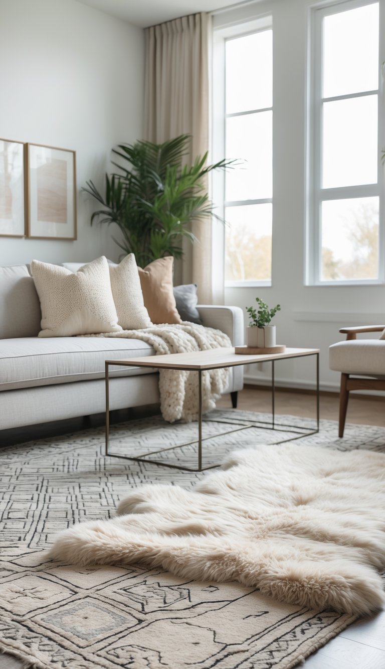 A bright living room with a geometric rug layered with a plush sheepskin rug, modern furniture, and large windows letting in natural light.