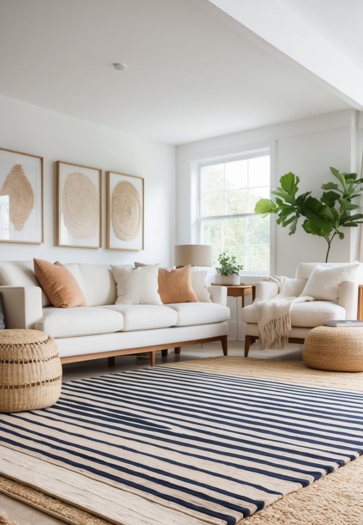 A modern living room with a white sofa, beige and white pillows, striped rug, woven ottomans, framed abstract art, and a large potted plant by the window.