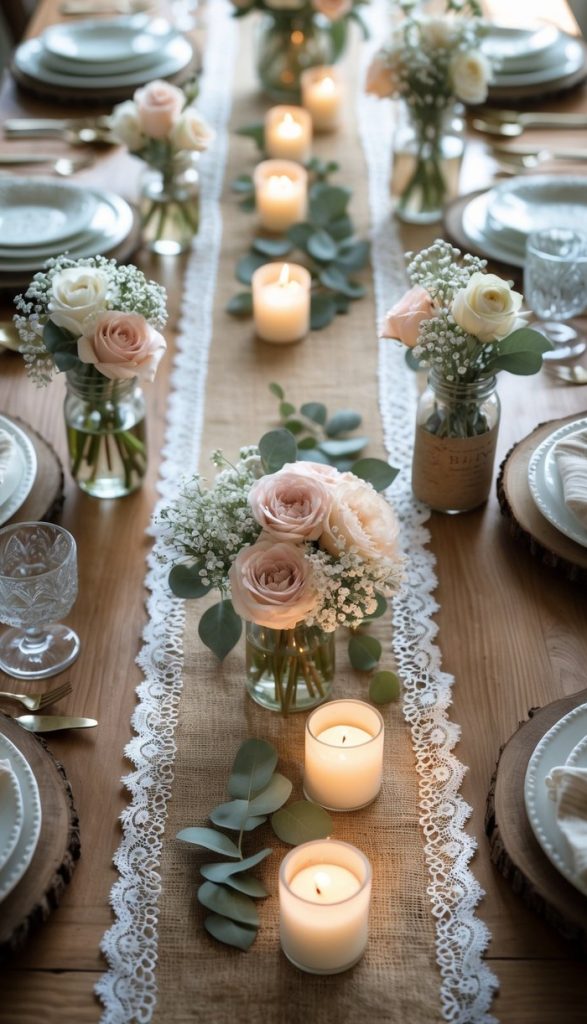 A wooden table set for a meal with white plates, crystal glasses, gold cutlery, floral centerpieces, and lit candles on a lace and burlap table runner.