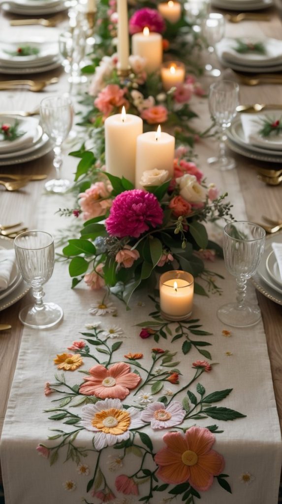 A wooden dining table set for a meal features an embroidered floral table runner, plates, glasses, gold flatware, and lit candles with floral arrangements.