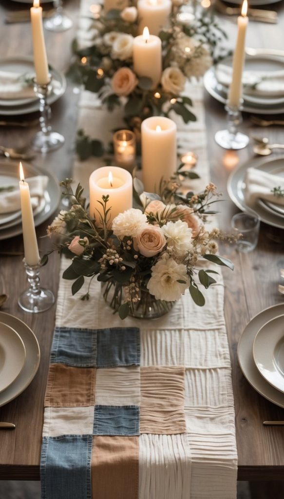 A wooden dining table set for a meal with cream-colored candles, floral centerpieces, plates, utensils, and a patchwork table runner.