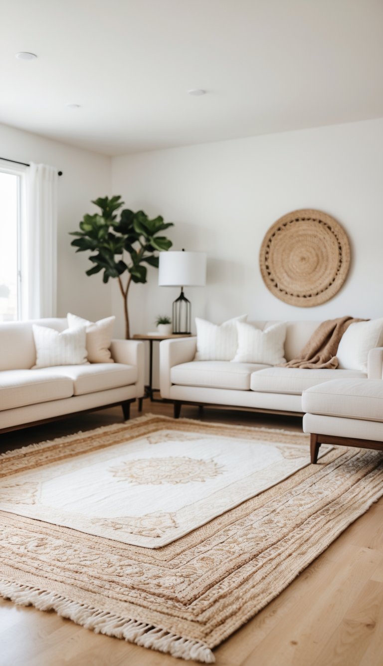 A bright living room with a hand-woven rug layered over a farmhouse jute rug, featuring modern furniture and natural light.