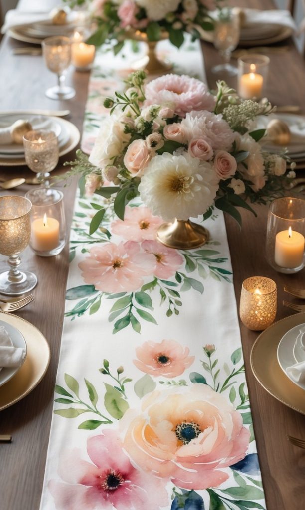A wooden dining table set with gold-rimmed plates, candles, and floral arrangements, featuring a white table runner with pink and peach watercolor flowers.