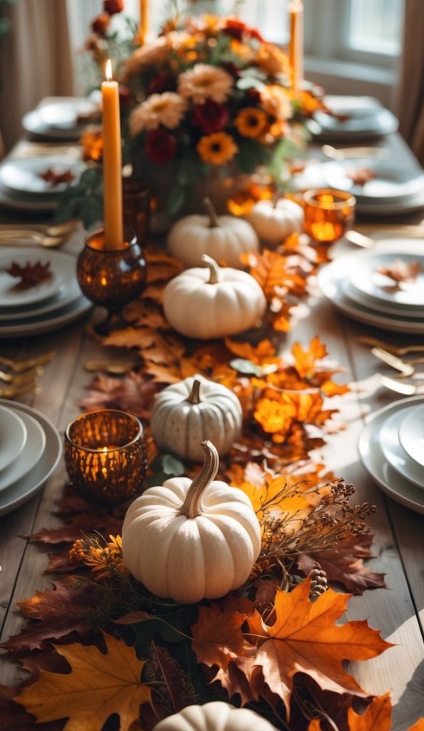 A dining table decorated with white pumpkins, orange leaves, candles, and a floral centerpiece, set with plates and cutlery in a well-lit room.
