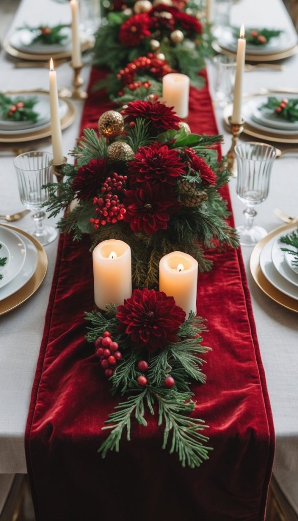 A dining table set with white dishes, gold accents, red velvet table runner, candles, evergreen branches, and red floral centerpiece, arranged for a festive occasion.