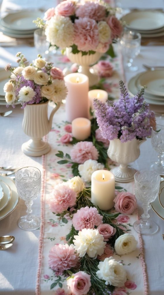 Elegant table setting with white plates, crystal glasses, pastel floral arrangements, and lit candles on a floral table runner.