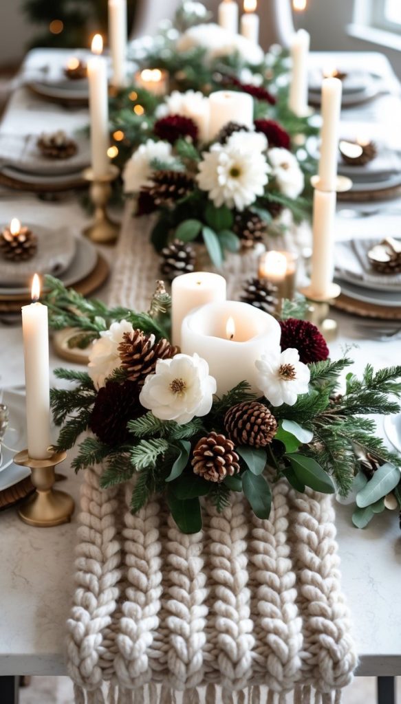 A festive dining table is set with white candles, pinecones, flowers, greenery, and knit table runner, creating an elegant holiday centerpiece.