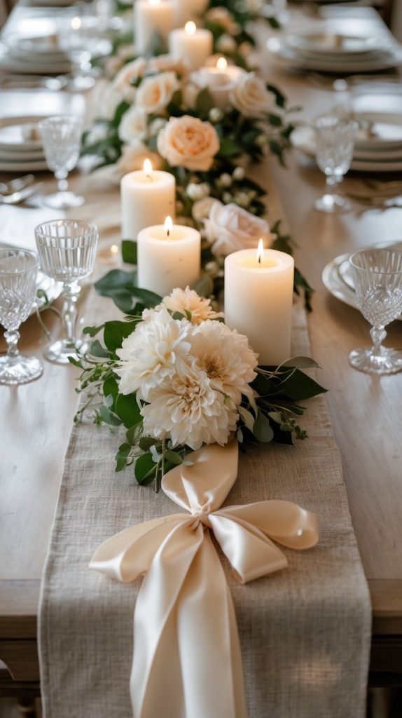 A dining table set with white plates, crystal glasses, lit pillar candles, and floral arrangements of white and pale peach flowers on a beige table runner.