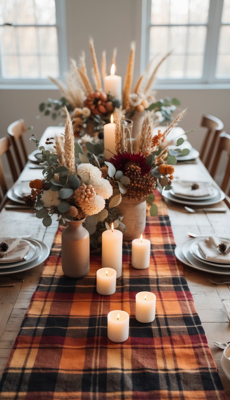 A cozy table set with a plaid flannel runner, decorated with candles, seasonal flowers, and simple dishware in natural daylight.