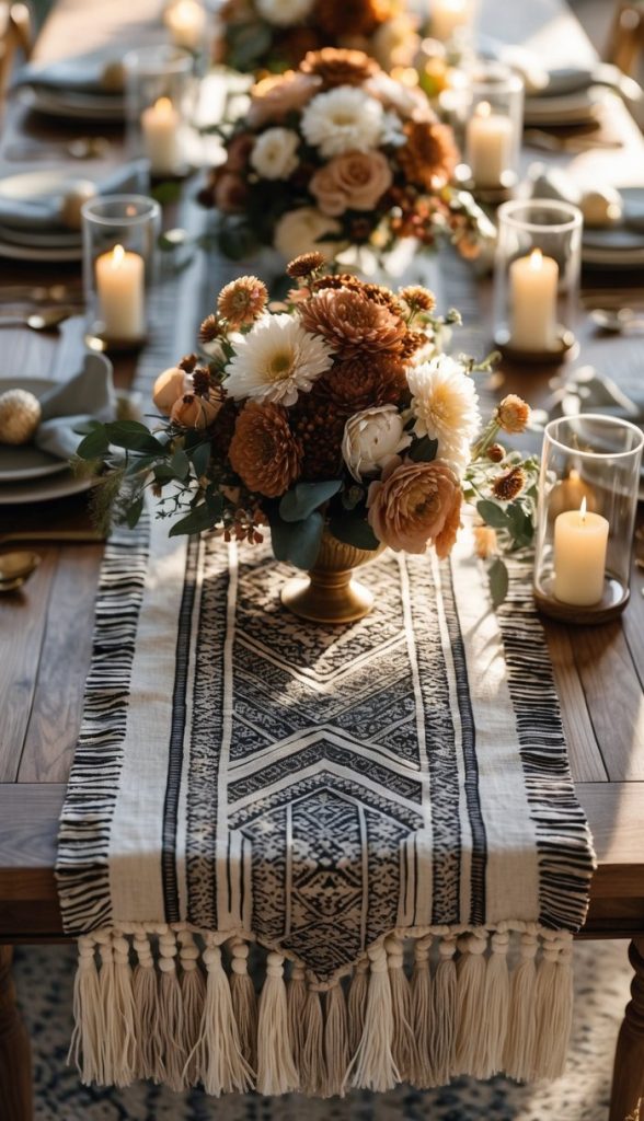 A wooden dining table set with plates, glasses, candles, and floral centerpieces atop a patterned table runner with tassels.