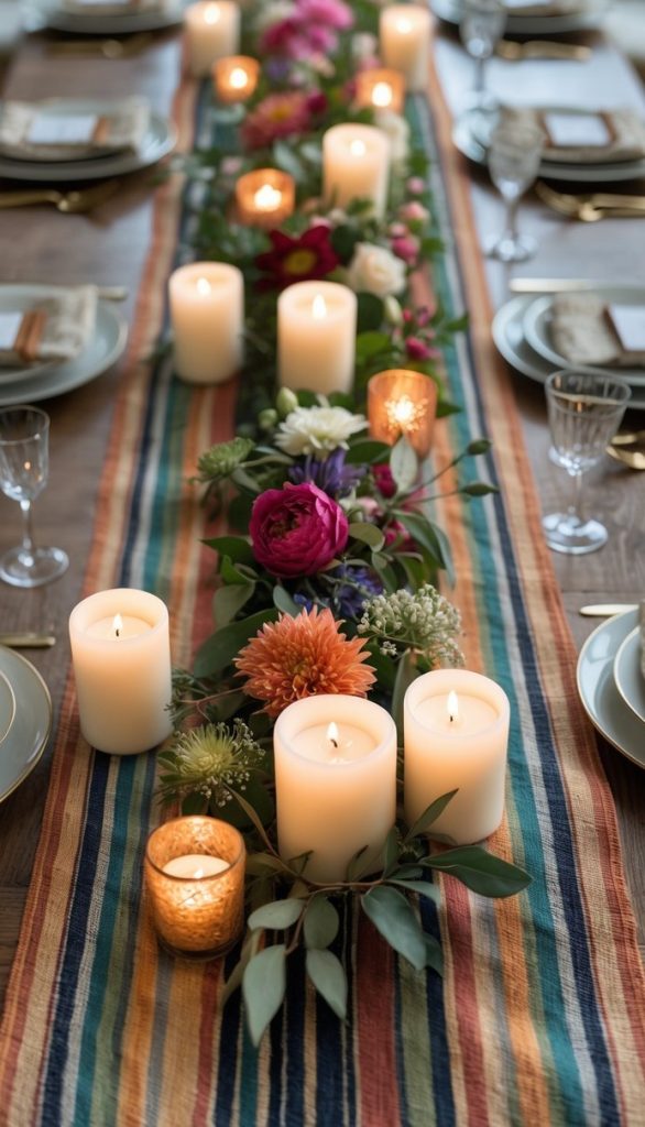 A wooden dining table set for a meal features a striped runner, burning candles, flowers, plates, glasses, and napkins arranged in an orderly manner.