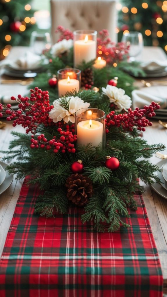 A festive dining table with plaid runner, pine and berry centerpiece, candles, white flowers, and holiday decorations, set for a Christmas meal.