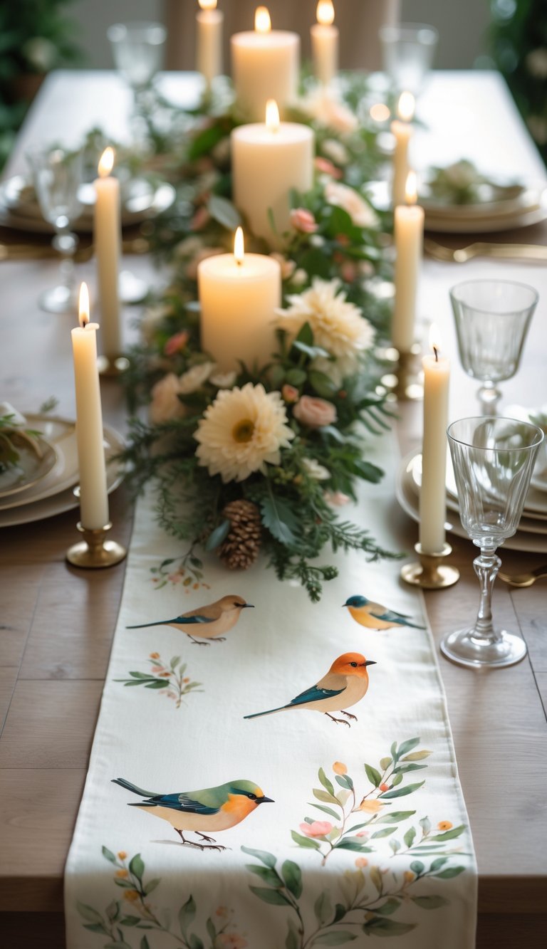 A decorated dining table with a silk table runner featuring painted birds, surrounded by flowers, candles, and elegant tableware.