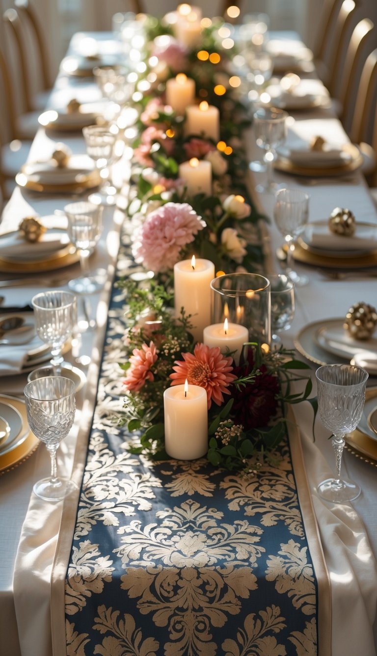 A fully set dining table with a patterned table runner, candles, and floral centerpieces arranged along the middle.