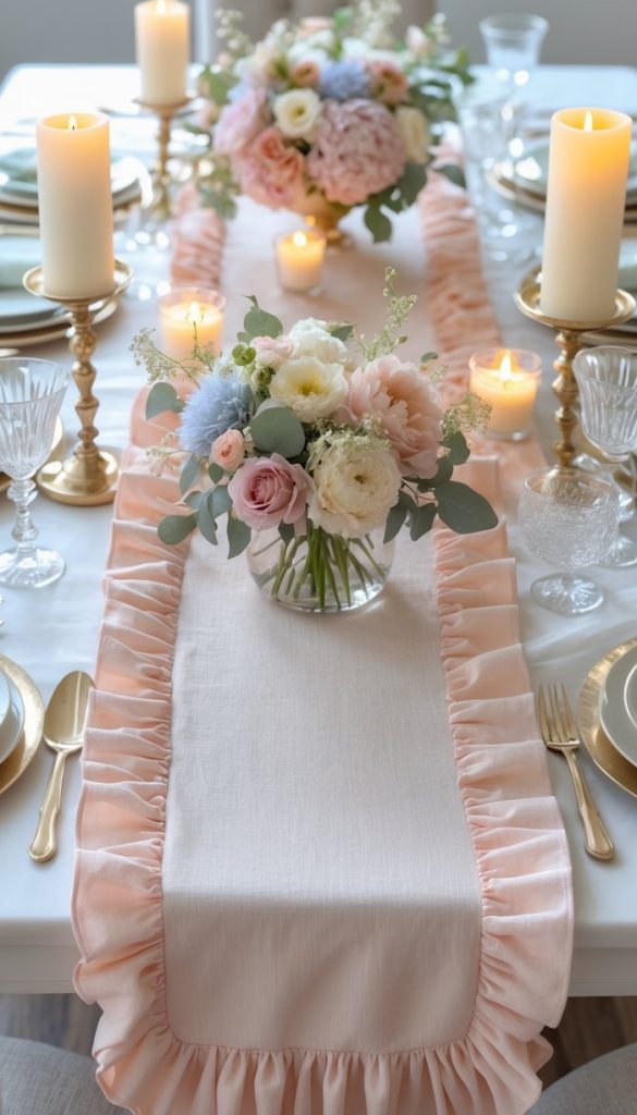 Elegant table set with gold-rimmed plates, crystal glassware, tall candles, and pastel floral arrangements on a light pink ruffled table runner.