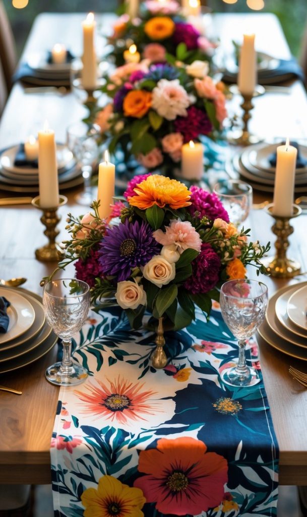 A dining table set with plates, glasses, and gold utensils, decorated with floral centerpieces and lit candles on a floral table runner.