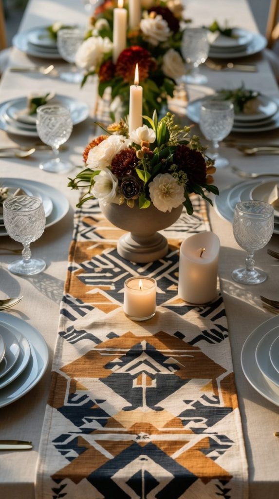 A dining table set with plates, glasses, gold cutlery, candles, and floral centerpieces on a patterned table runner.