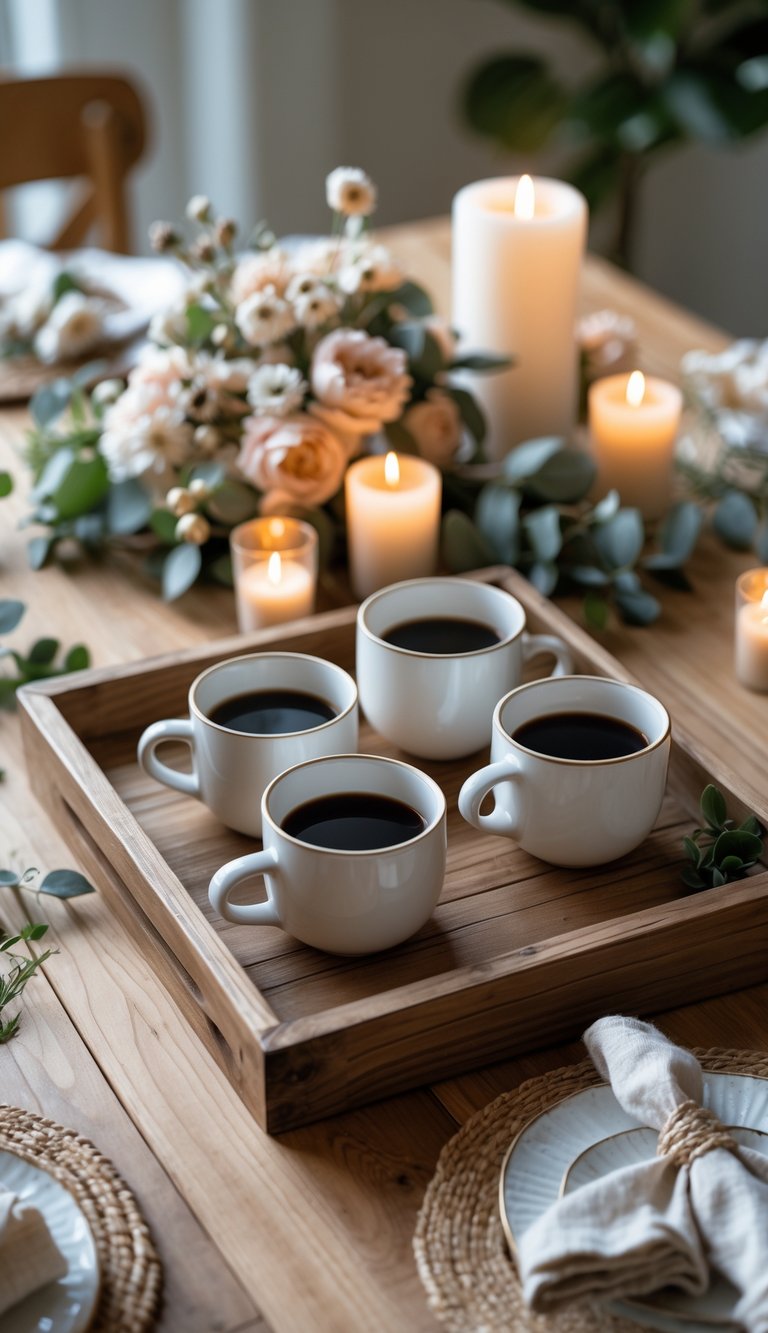 A rustic wooden tray with coffee mugs on a wooden table surrounded by candles and floral decorations.