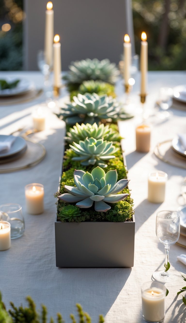 A rectangular planter with a minimalist succulent garden as the centerpiece on a table, surrounded by candles and small flowers, all bathed in natural light.