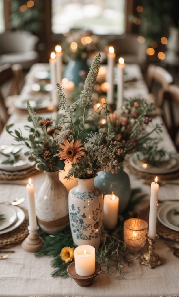 A dining table set with floral centerpieces, lit candles, plates, and cutlery, creating an elegant and cozy atmosphere.