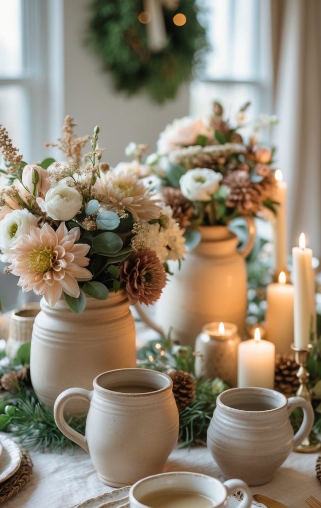 A table set with ceramic mugs, plates, and vases filled with flowers, surrounded by lit candles and greenery, creating a cozy and elegant atmosphere.