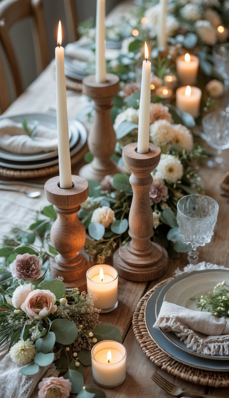A full view of a table set with rustic wooden candlestick holders, lit candles, fresh flowers, vintage plates, and glassware, all arranged neatly for a festive event.