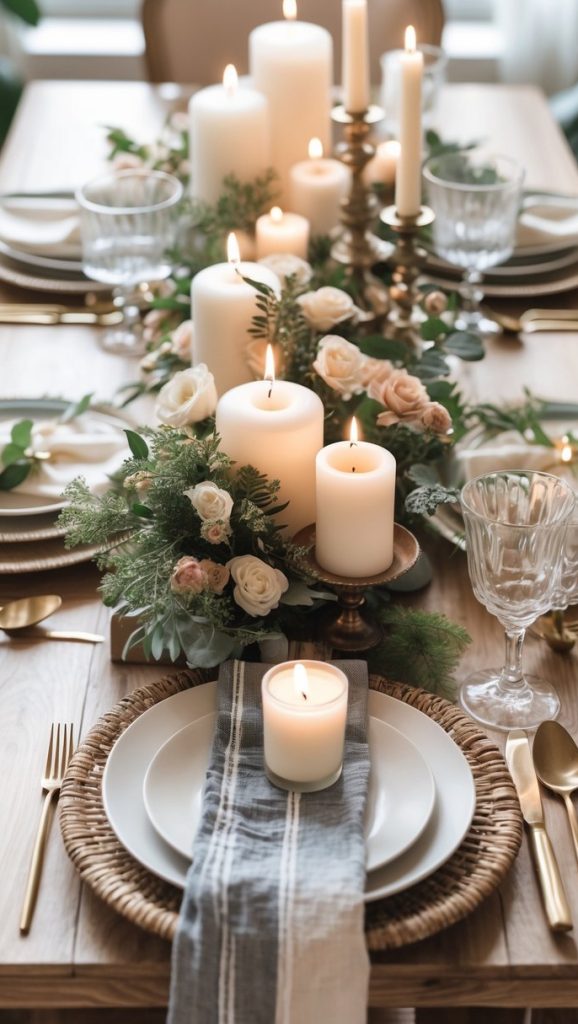 A dining table set for a meal with white plates, gold cutlery, woven placemats, candles, and floral arrangements in the center.