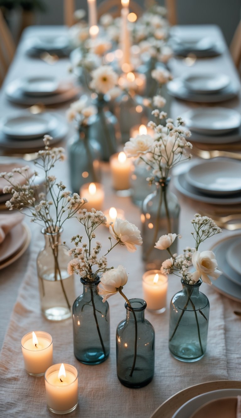A full view of a table set with small vases holding delicate flowers and lit candles arranged as centerpieces.