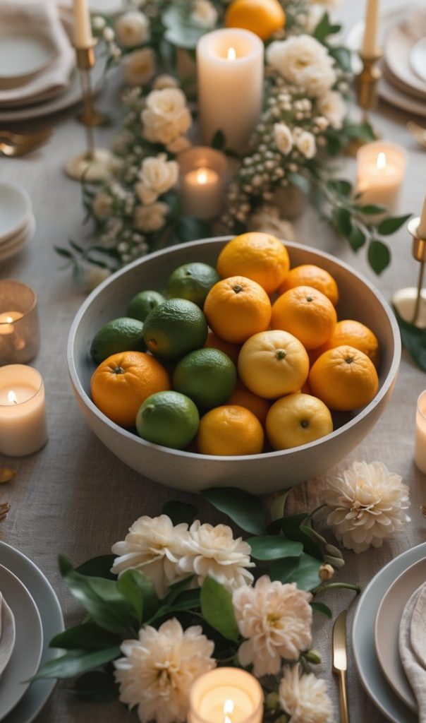 A dining table set with plates, candles, and white flowers features a bowl of assorted citrus fruits as the centerpiece.