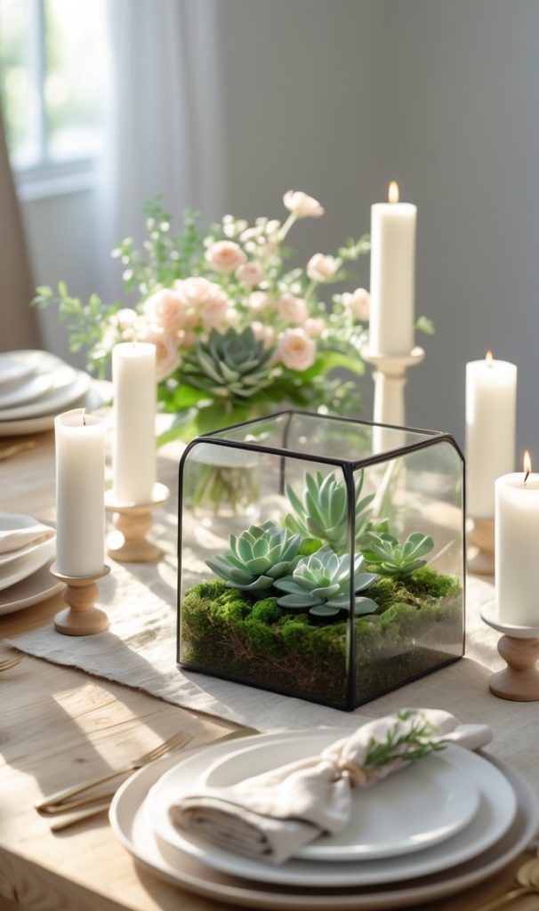 A dining table set with white plates, candles, and a glass terrarium containing succulents, with a floral arrangement in the background.