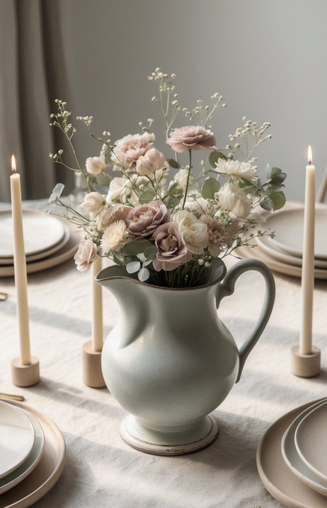 A ceramic pitcher with pastel flowers is placed at the center of a set dining table with beige plates, gold cutlery, and four lit tapered candles.