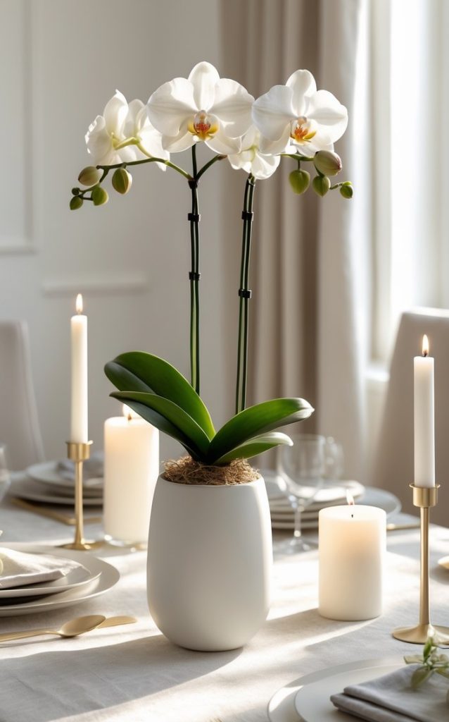 A white orchid in a white pot is placed on a dining table set with plates, cutlery, and lit candles in a softly lit room.
