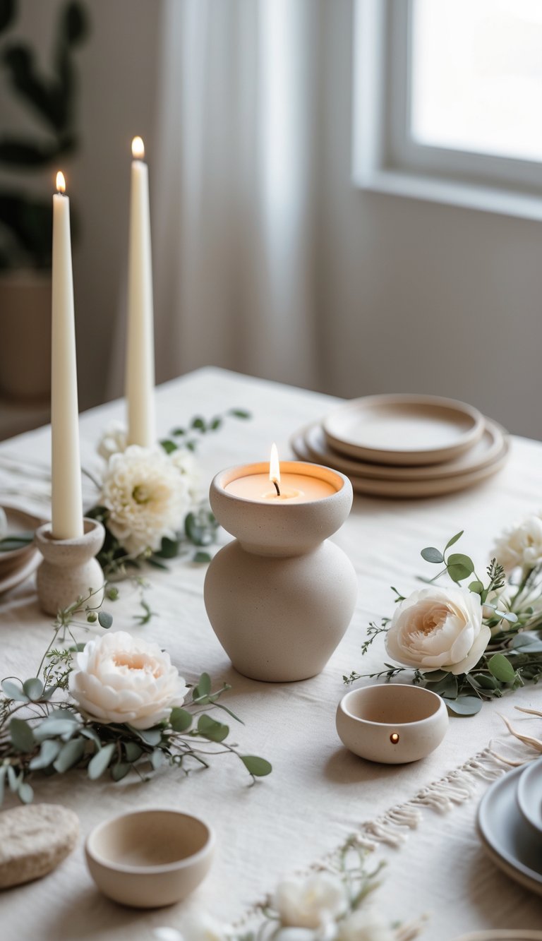 A dining table set with a ceramic candle holder, lit candle, simple floral arrangements, and neutral-colored tableware under natural light.