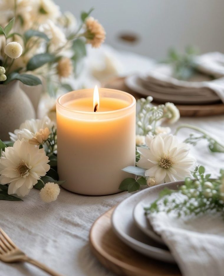 A lit candle and white flowers arranged on an elegantly set dining table with stacked plates and neutral-toned linens. Text reads: "Easy to Table Tablescape.