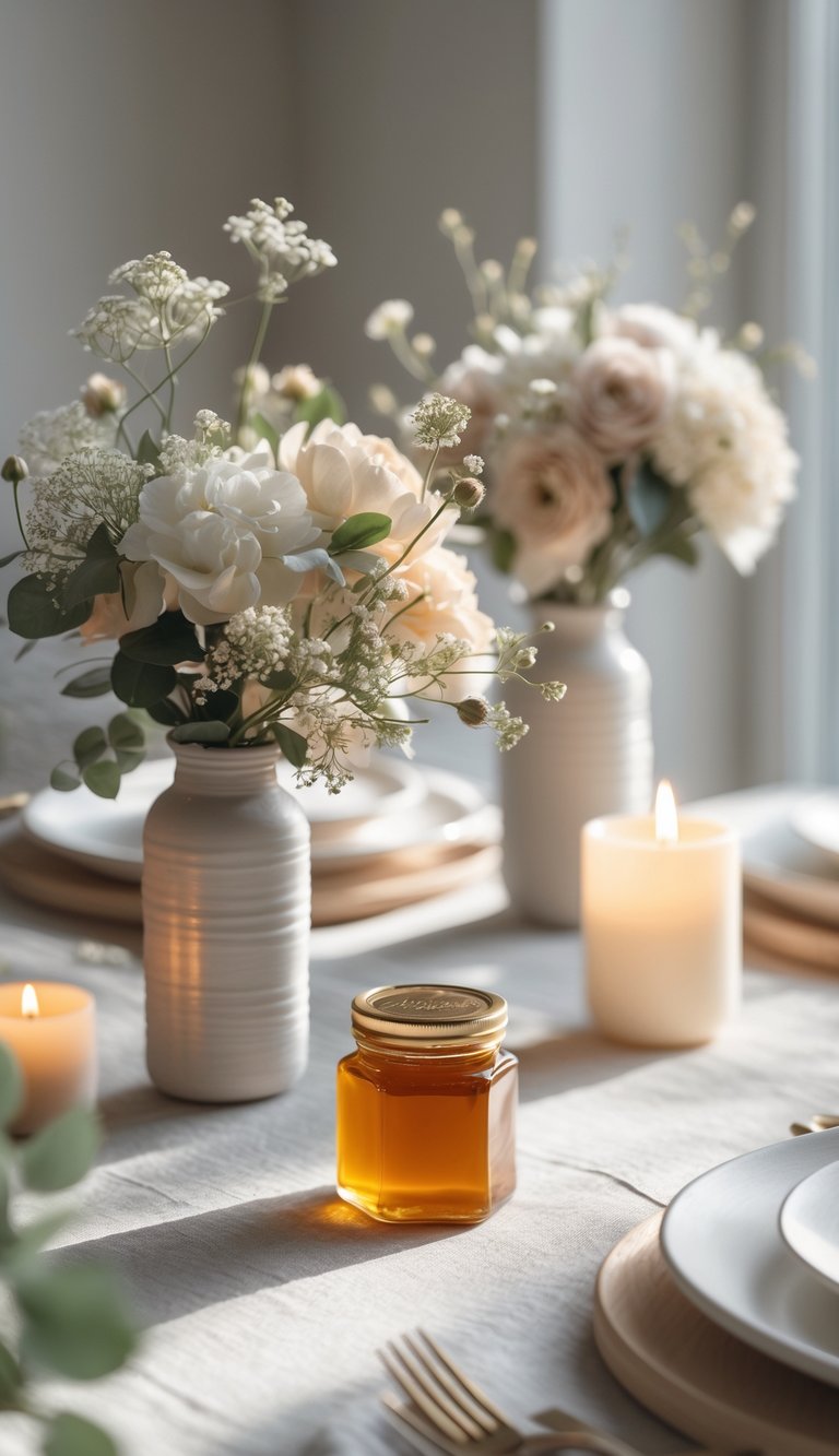 A full view of a table set for an event with a small jar of honey or jam, candles, and floral centerpieces under natural light.