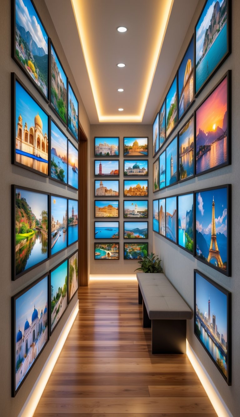 A hallway with a large photo wall displaying travel pictures from various countries.