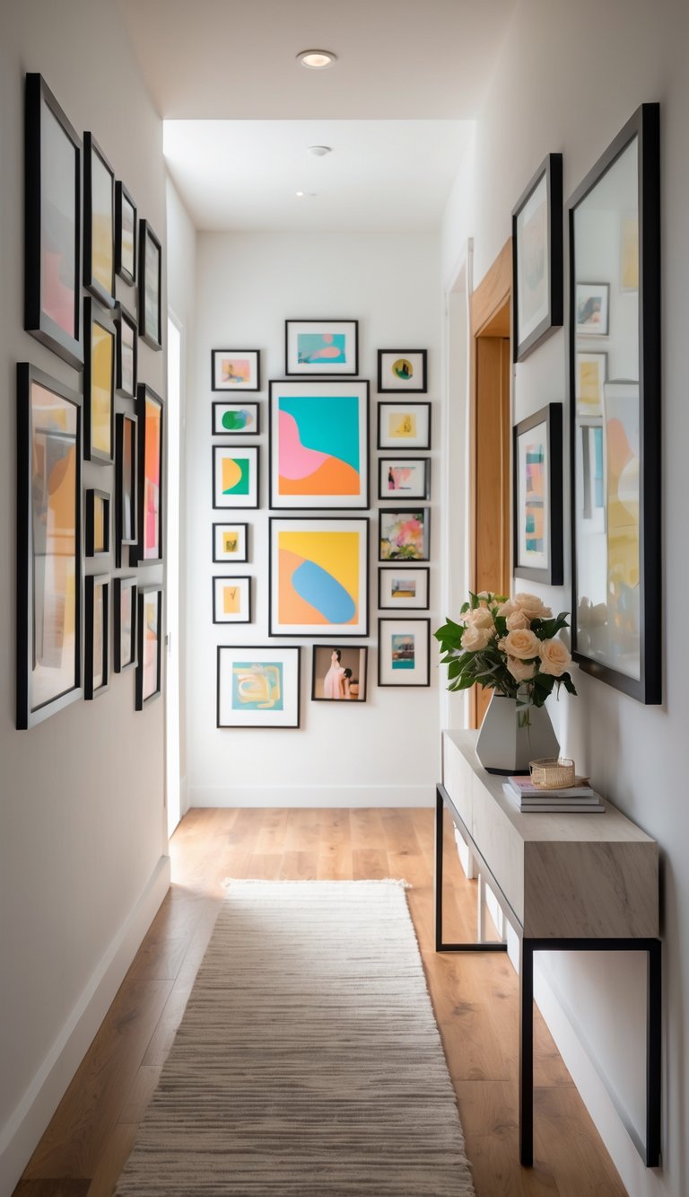 A hallway with a photo wall displaying a variety of framed art prints and candid photographs arranged in an eclectic layout.