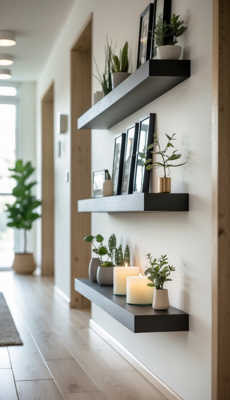 Hallway with floating shelves displaying small framed photos and decorative items on a light-colored wall.